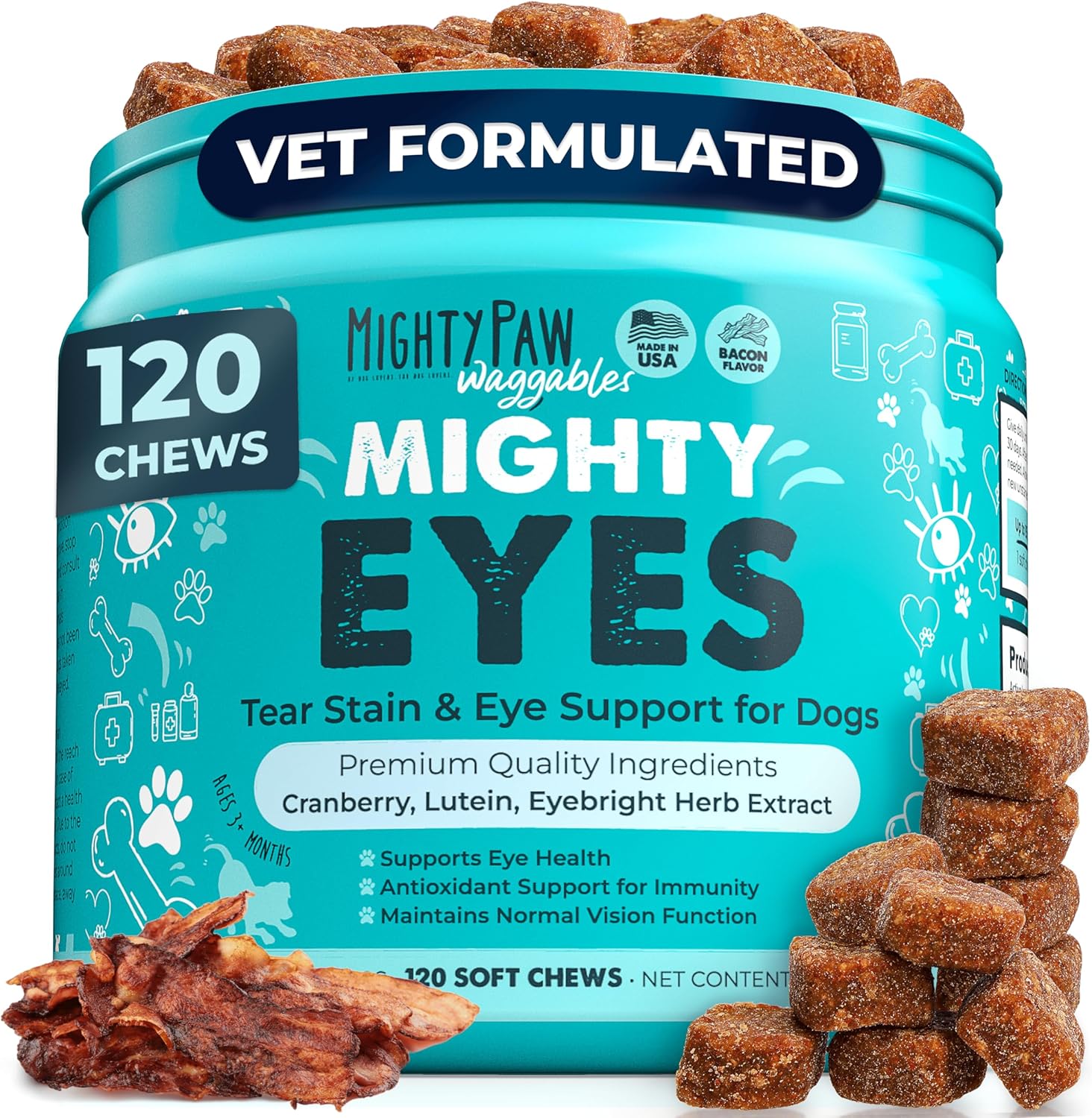 Mighty Paw Waggables Eyes (Made in USA) | Tear Stain Chews for Dogs. Vision and Tear Stain Support Supplements for Dogs. Lutein Supplement. Lubricates Eyes, Immune Support (120 Ct) Mighty Paw Waggables Eyes (Made in USA) | Tear Stain Chews for Dogs. Vision and Tear Stain Support Supplements for Dogs. Lutein Supplement. Lubricates Eyes, Immune Support (120 Ct)