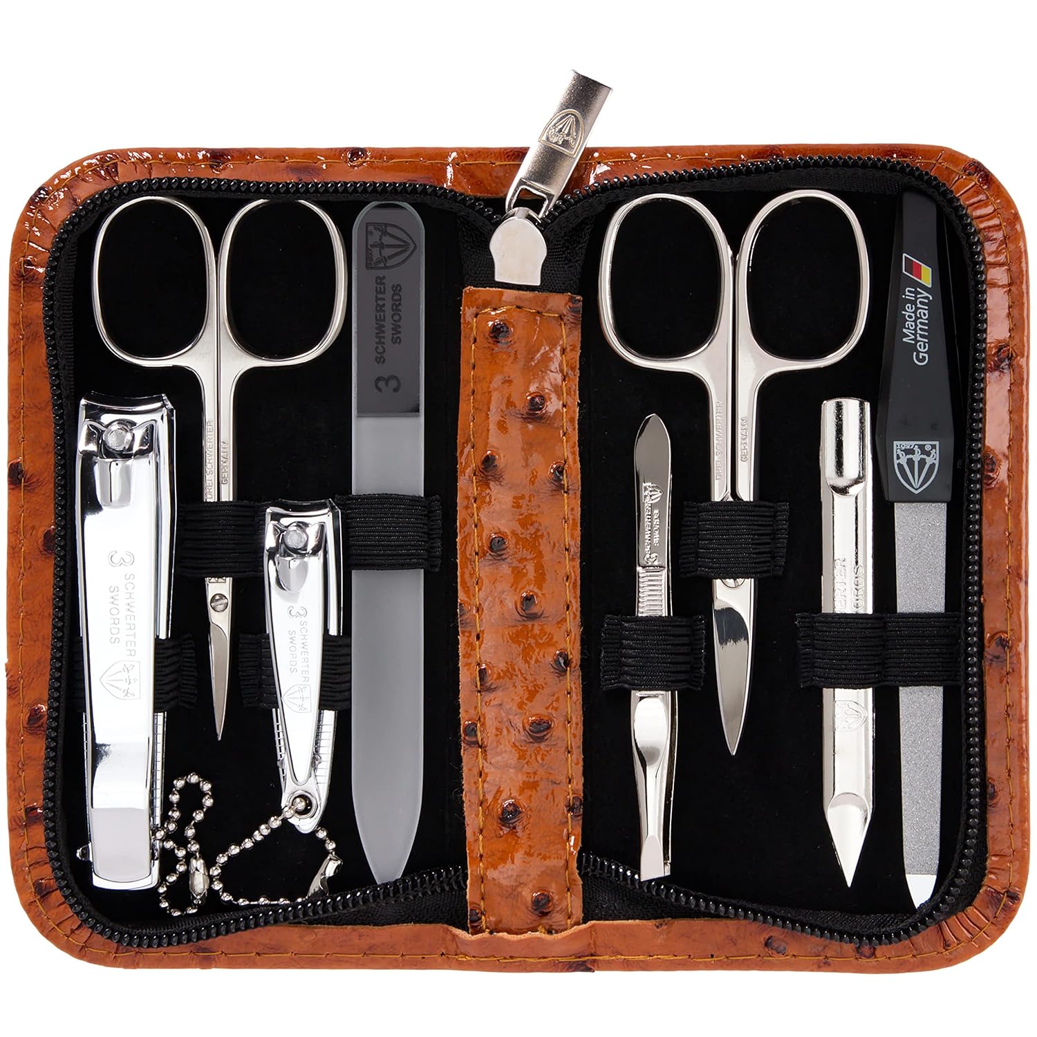 3 Swords Germany - brand quality 8 piece manicure pedicure grooming kit set synthetic leather case ostrich cognac - Made in Germany 3 Swords Germany - brand quality 8 piece manicure pedicure grooming kit set synthetic leather case ostrich cognac - Made in Germany