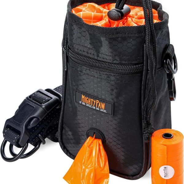 Mighty Paw Dog Treat Bag - Drawstring Closure Pouch - Includes Carabiner Hook and Pick-up Bags - With Reflective Belt - Dog Training Treats Pouch (Black)