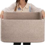 OIAHOMY 75L Large Woven Cotton Rope Storage Basket with Handle for Organizing Blanket and Toys for Living Room, Nursery, Brown Variegated 22x17x12