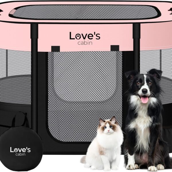 Love's cabin Pet Puppy Dog Playpen, Small Dog Tent Crates Cage Indoor/Outdoor, Portable Exercise Playpen for Cat, Foldable Pop Up Dog Kennel Playpen with Carring Case (S, Pink)