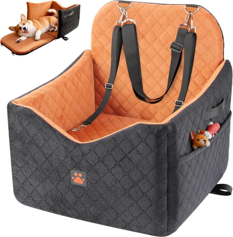 Dog Car Seat for Small/Medium Dogs Up to 35lbs, Puppy Car Seat with Thick Cushion, Detachable Washable Dog Carseat with Storage Pockets, 2 Safety Belts (Brown)