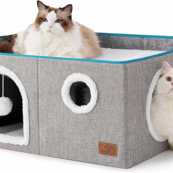 Bedsure Large Cat Beds for Indoor Cats - Extra Wide Cat Cube House for Small Pet with Fluffy Ball Hanging and Scratch Pad, Foldable Pet Cave Hideaway for Multiple Cats, 23.6x16.9x13 inches, Grey