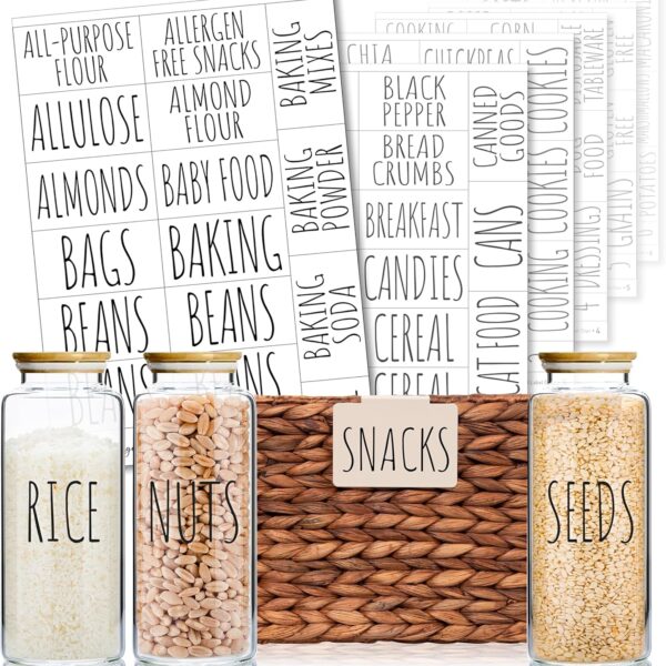 Hygge & Sage Pantry Labels for Containers Preprinted - 192 Waterproof Labels, Durable, Removable Kitchen Stickers, Clear With Black Print, Perfect for Use On Basket Labels, in Pantry, and Refrigerator