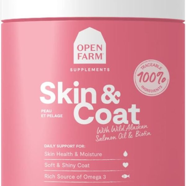 Open Farm Skin & Coat Chews, Dog Supplement, Dog Vitamins, Supports a Soft and Shiny Coat Using Traceable and Vet-Approved Ingredients, 12.7 oz, 90 Count