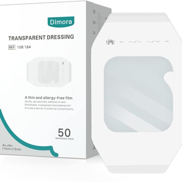 Dimora Transparent Film Dressing 50 Packs, Waterproof Adhesive Clear Bandages 4 in x 5 in, Wound Cover for IV Shield, Tattoo Aftercare Bandage,Clear Bandage Tape for Wound Care