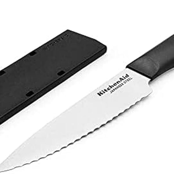KitchenAid Classic Serrated Utility Knife with Custom Fit Blade Cover, 8 inch, Sharp Kitchen Knife, High Carbon Japanese Stainless Steel Blade, Black
