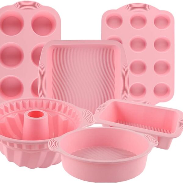 Nonstick Silicone Bakeware Set, 7pcs Baking Cake Pan, Economical BPA Free Heat Resistant Bakeware Suppliers Tools Kit with Silicone Brush for DIY Loaf Bread Cheesecake Pizza Cupcake Muffin