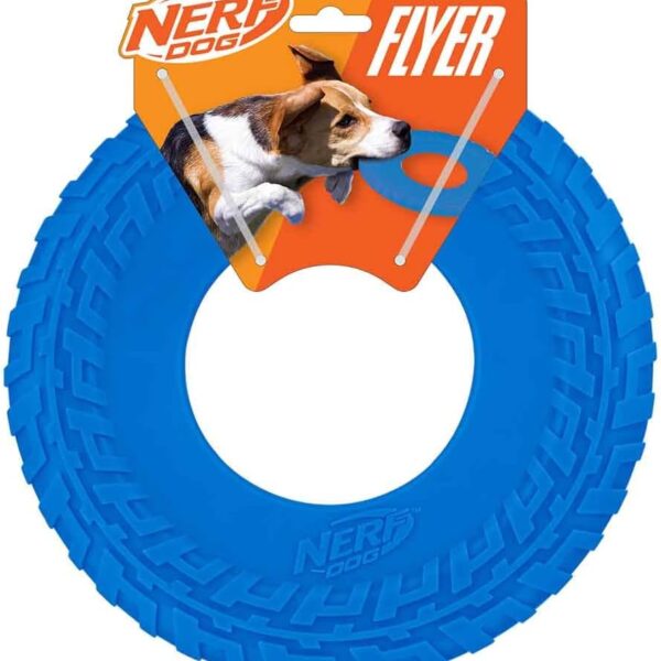 Nerf Dog Tire Flyer Outdoor Dog Toy, 10 Inch Flying Disc Dog Fetch Toy, Rubber Dog Toy for Medium Dogs and Large Dogs, Blue