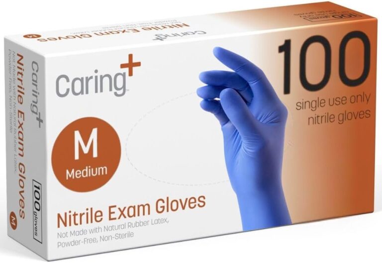 Caring Nitrile Exam Gloves, Blue, Powder-Free, Disposable Gloves for Medical Care, First Aid, Cleaning, Food Prep