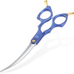 6.5'' Small Curved Dog Grooming Scissors Blue Professional Trimming Shears with Ultra-Lightweight Offset Handle CNC 440C Stainless Steel Blades Pet Scissors for Face and Paws