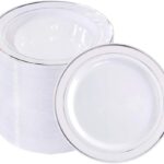 bUCLA 100Pieces Silver Plastic Plates - 6.25inch White with Silver Rim Disposable Salad/Dessert/Appetizer/Small Cake Plates for Weddings, Parties&Gathering
