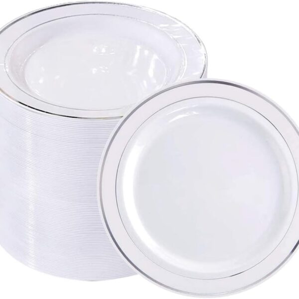 bUCLA 100Pieces Silver Plastic Plates - 6.25inch White with Silver Rim Disposable Salad/Dessert/Appetizer/Small Cake Plates for Weddings, Parties&Gathering