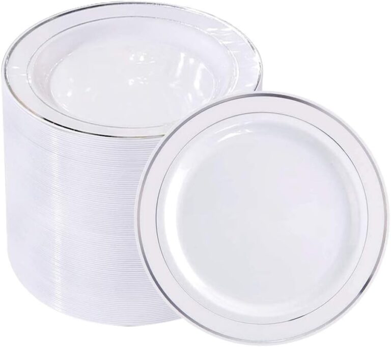 bUCLA 100Pieces Silver Plastic Plates - 6.25inch White with Silver Rim Disposable Salad/Dessert/Appetizer/Small Cake Plates for Weddings, Parties&Gathering