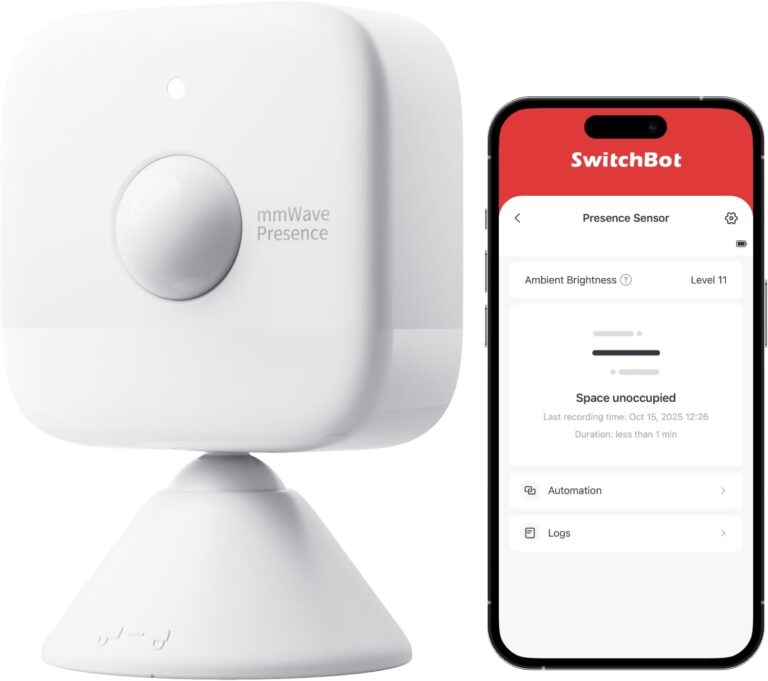 SwitchBot Smart mmWave Radar Motion Sensor, Bluetooth Presence Sensor with Dynamic Detection & Zone Positioning, Compatible with Alexa, HomeKit & Apple Home via SwitchBot Hub, 2-Year Battery Life
