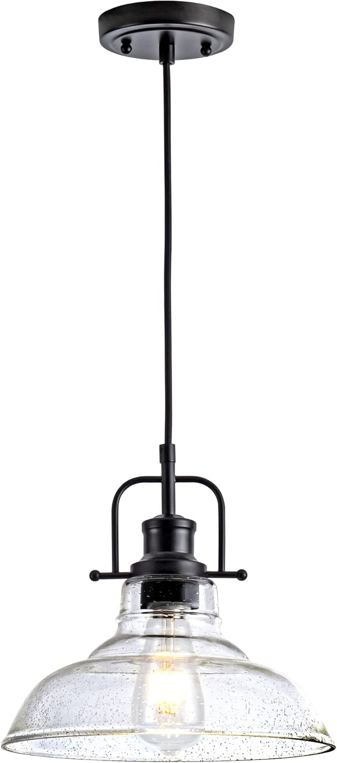 Glass Pendant LightBlack Pendant Light Fixtures with Seeded Glass Shade, Adjustable Height Hanging Lights for Hallway, Kitchen Island, Dinning RoomBulb not Included