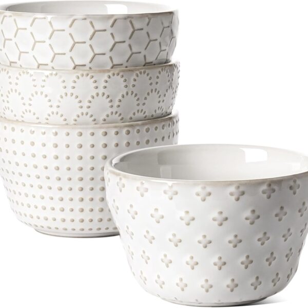 LE TAUCI Small Bowls 8 oz, Dessert Bowl, Ice Cream Bowl for Chili Dipping Sauce Coffee Bouillon, Ceramic Soup Cups - 4 inch, Set of 4, Arctic White
