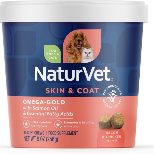 NaturVet Omega-Gold Plus Salmon Oil | Supports Healthy Skin & Glossy Coat | Enhanced with DHA, EPA, Omega-3 & Omega-6 | for Dogs & Cats | 90 Soft Chews