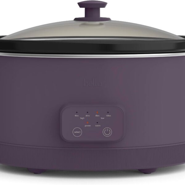 bella 6.0 Qt Programmable Slow Cooker, Ceramic Nonstick Coating, Adjustable Temperature & Cooking Times, Dishwasher Safe Stoneware Pot & Tempered Glass Lid, Tangle Free Cord Wrap, Plum