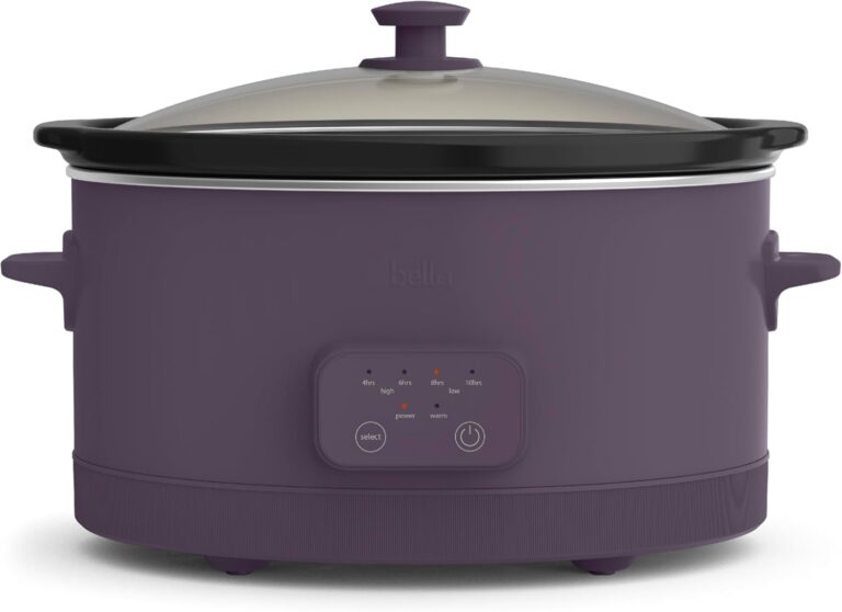 bella 6.0 Qt Programmable Slow Cooker, Ceramic Nonstick Coating, Adjustable Temperature & Cooking Times, Dishwasher Safe Stoneware Pot & Tempered Glass Lid, Tangle Free Cord Wrap, Plum