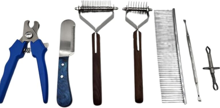 Pet Grooming Kit  Dog Grooming Tools Set with Dematting Rake, Stainless Steel Comb, Stripping Knife, Nail Clipper, Tick Remover & Dental Scaler (Blue, 7 Piece)