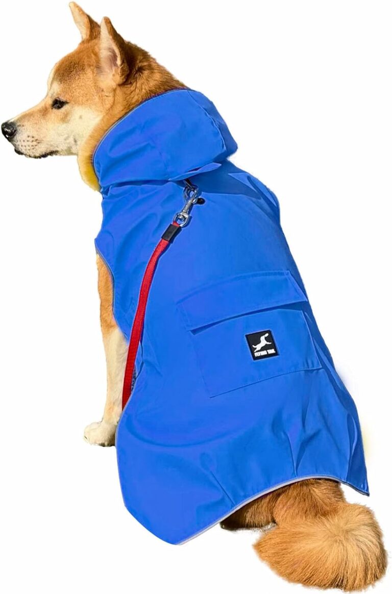 Dog Raincoat Waterproof Reflective Jacket  Lightweight Hooded Poncho with Adjustable Belly Strap & Leash Hole  Rain Slicker Coat for 2XSmall-5XLarge Dogs  Easy to Wear (Blue, Large)