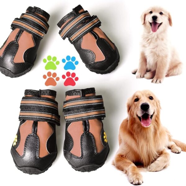 CovertSafe& Dog Boots for Dogs Non-Slip, Waterproof Dog Booties for Outdoor, Dog Shoes for Medium to Large Dogs 4Pcs with Rugged Sole Black-Brown