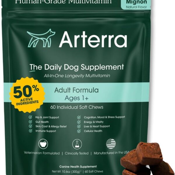 Arterra Longevity Multivitamin for Dogs  50% Active Ingredients  Vet-Formulated Daily Soft Chews for Gut, Brain, Joint & Immune Health  Human-Grade Supplement | 60 Count