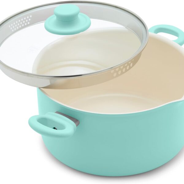 GreenLife 6QT Nonstick Stockpot with Straining Lid, Soft Grip, PFAS-Free Ceramic, Pour Spout, Multipurpose Cooking Pot, Sauces & Soups, Milk Pan, Stay-Cool Handles, Dishwasher & Oven Safe, Turquoise