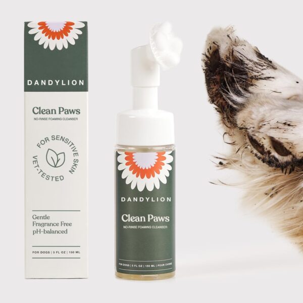 Dandylion Clean Paws | No-Rinse Dog Paw Cleaner & Dog Paw Washer | Gentle, Fragrance-Free, pH Balanced Foaming Cleanser with Silicone Bristle Brush | Safe for All Dogs | 5 fl oz