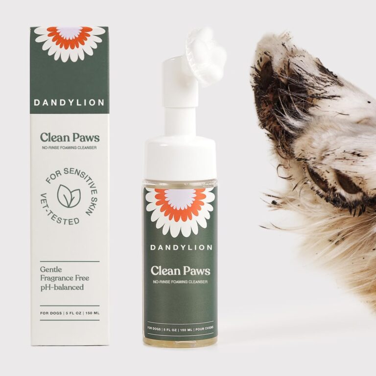 Dandylion Clean Paws | No-Rinse Dog Paw Cleaner & Dog Paw Washer | Gentle, Fragrance-Free, pH Balanced Foaming Cleanser with Silicone Bristle Brush | Safe for All Dogs | 5 fl oz