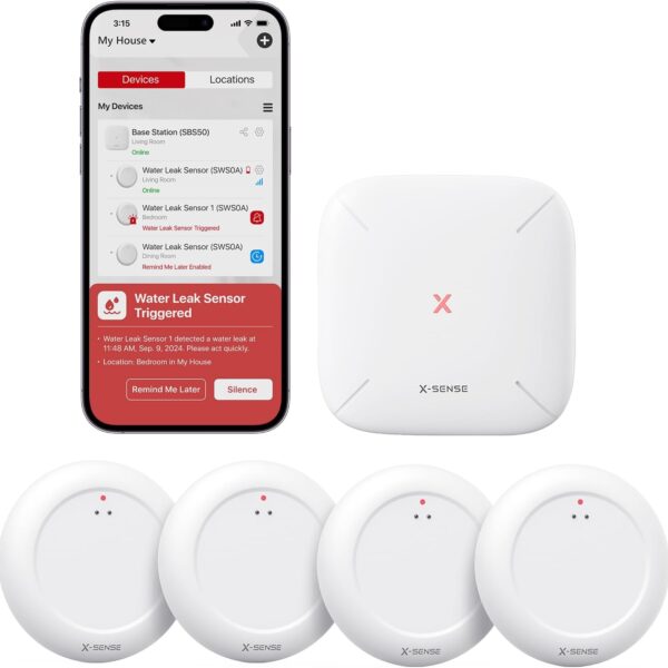 X-Sense Wi-Fi Water Leak Detector Kit, Smart Water Sensor Alarm with App Alerts and Ultra-Slim Design, Water Alarm Leak Detector for Basements, 4 Water Sensors and 1 Base Station, Model SWS0A41