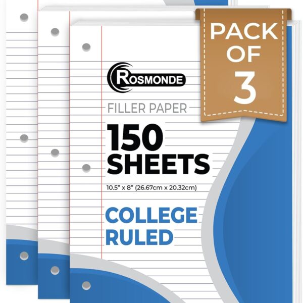 Rosmonde Loose Leaf Paper, 450 Sheets, 3 Pack, College Ruled Paper, 8" x 10.5", Bulk Office Filler Paper, 3 Hole Punched, 150 Sheets/Pack, 56 gsm Paper, College Ruled Notebook Paper for Binder, White