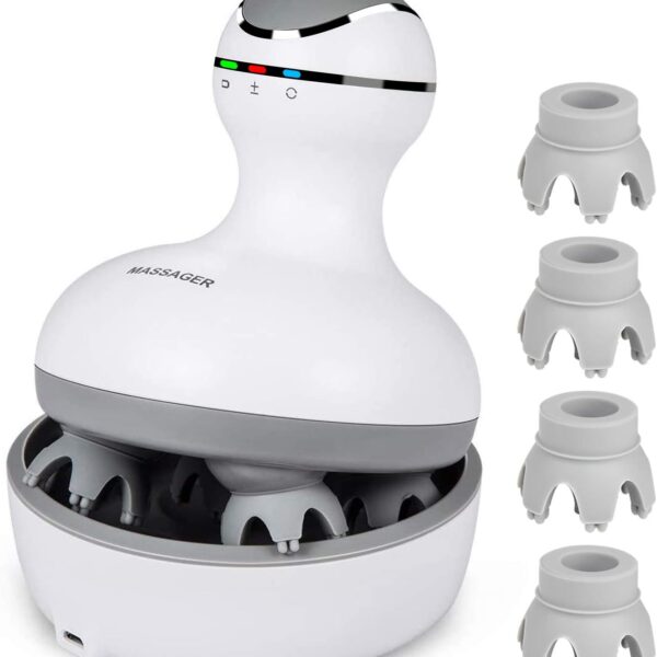 cotsoco Electric Scalp Head & Back Massager, Cordless Hair Massage Waterproof Head Massager with 4 Heads 84 Nodes for Hair Growth, Stress Relief & Deep Clean, Gifts for Mom, White