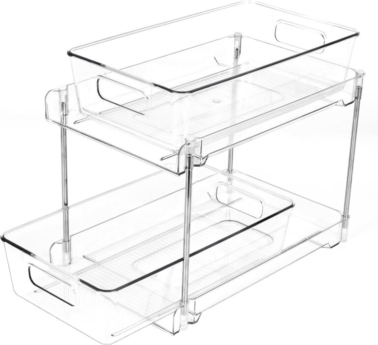 1 Pack 2-Tier Bathroom Organizers and Storage, Clear Under Sink Organizer Vanity Countertop Storage Pantry Organizers, Pull-Out Cabinet Organizer With Track For Bathroom, Kitchen, Pantry