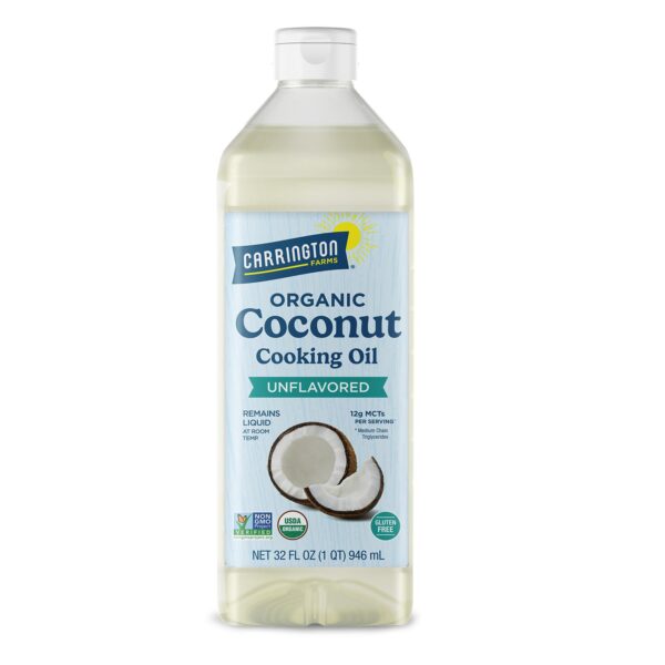 Carrington Farms Organic Liquid Coconut Cooking Oil, 32 Fl Oz Unflavored, Unscented, High Smoke Point, MCT-Rich, No Trans Fat  For Cooking, Sauting, Frying & Baking  Gluten Free, Non-GMO, Hexane Free, BPA Free Bottle