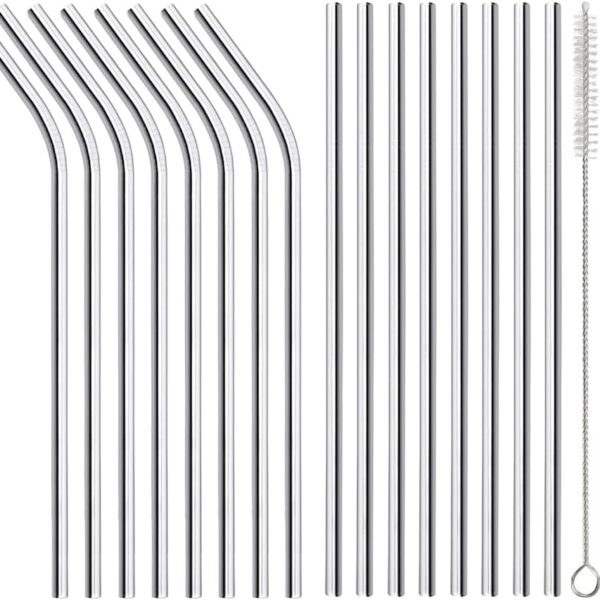 16 Pack of Reusable Stainless Steel Metal Straws, 8 Straight + 8 Bent 8.5 inch Metal Straws with 2 Cleaning Brushes, Straw Compatible with 20oz Stanley Cup