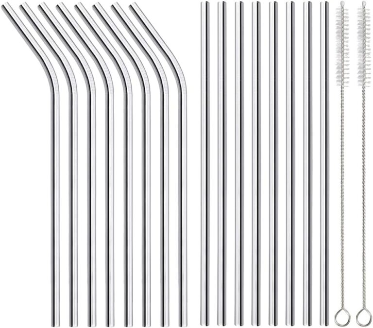 16 Pack of Reusable Stainless Steel Metal Straws, 8 Straight + 8 Bent 8.5 inch Metal Straws with 2 Cleaning Brushes, Straw Compatible with 20oz Stanley Cup