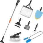 SEAOURA 7-in-1 Aquarium Cleaning Tool, Fish Tank Cleaner with Telescopic Handle,Aquariums Scraper,Adjustable Angle Brush,Gravel Rake,Plant Fork, Flat Sponge,Large Fishes Net,Hose Brushes