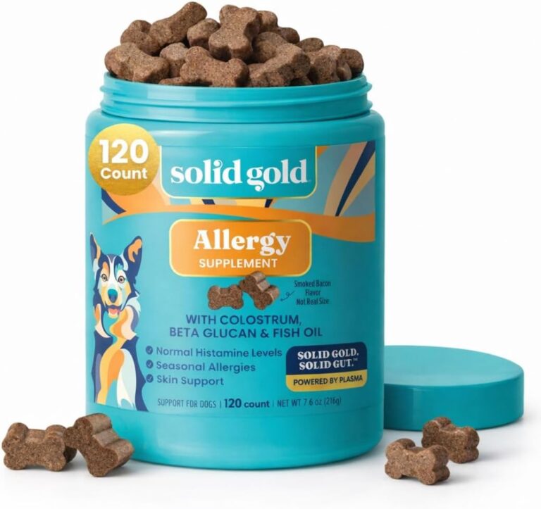 Solid Gold Dog Allergy Relief Chews - Dog Itching Skin Relief & Seasonal Allergies Support - Alaskan Salmon Oil for Dogs Skin, Coat & Immune Support - Bacon Flavor Soft Allergy Chews for Dogs -120ct