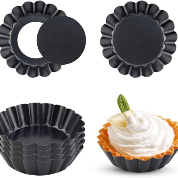 4 Pack Tart Pans Tortilla Pan Set Mini Tart Molds Carbon Steel Taco Shell for Baking 3 Inch Taco Salad Bowl Maker with Removable Bottom NonStick Tortilla Bowl Fluted Side for Quiche Cakes Pies (Black)