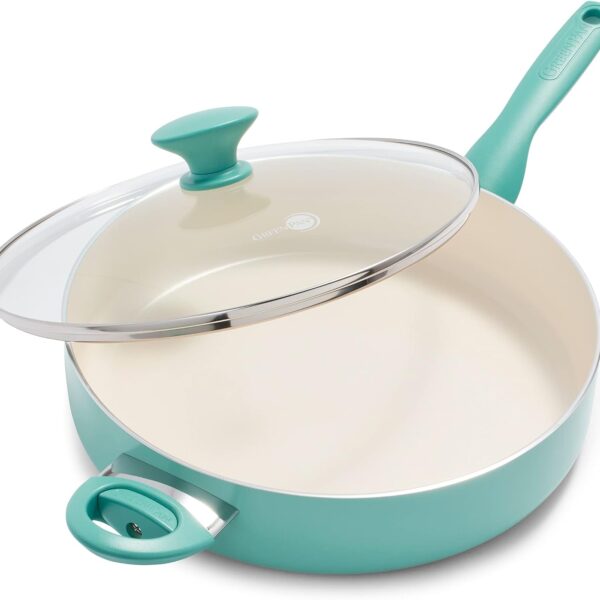 GreenPan Rio Healthy Ceramic Nonstick 5QT Saute Pan Jumbo Cooker with Helper Handle and Lid, PFAS-Free, Dishwasher Safe, Turquoise