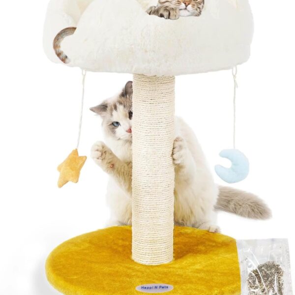 Happi N Pets Cloud Cat Tree, Cat Scratching Post with Bed, Small Cat Tree for Kittens, Cat Scratch Post with Cloud-Shaped Soft Perch & Cute Toys, Removeable Cover, Bonus Catnip