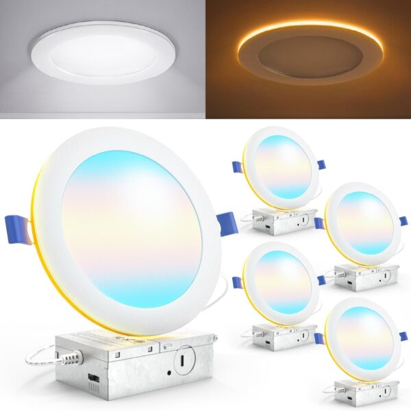 Sunco 6 Inch LED Recessed Light with Night Light, Canless Recessed Lighting, 1500 LM, 15W (150W Equivalent), Selectable CCT 2700K/3000K/4000K/5000K/6000K, Dimmable, with Junction Box 4 Pack.