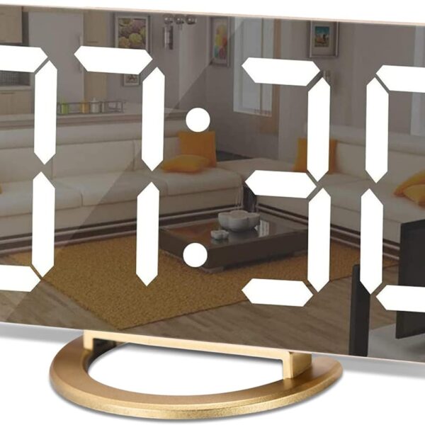 SZELAM Digital Alarm Clock,LED and Mirror Desk Clock Large Display,with Dual USB Charger Ports,3 Levels Brightness,12/24H,Modern Electronic Clock for Bedroom Home Living Room Office - Gold