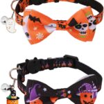 2 Pack Halloween Breakaway Cat Collars, Unisex for Girl & Boy Cats, with Bow Tie & Bell, Safety Buckle Kitten Collars, Adjustable from 7.5 to 12.5 Inches(Orange & Black)