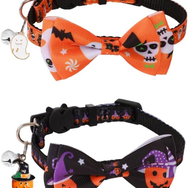 2 Pack Halloween Breakaway Cat Collars, Unisex for Girl & Boy Cats, with Bow Tie & Bell, Safety Buckle Kitten Collars, Adjustable from 7.5 to 12.5 Inches(Orange & Black)
