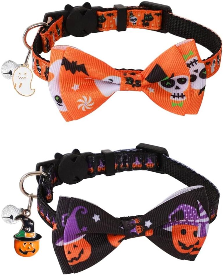 2 Pack Halloween Breakaway Cat Collars, Unisex for Girl & Boy Cats, with Bow Tie & Bell, Safety Buckle Kitten Collars, Adjustable from 7.5 to 12.5 Inches(Orange & Black)