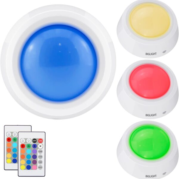BIGLIGHT Battery Operated Closet Lights with RGB, Wireless Tap Light, LED Puck Lights, Remote Controlled Color Changing, Stick on Voice Level Lights for Classroom 4 Pack