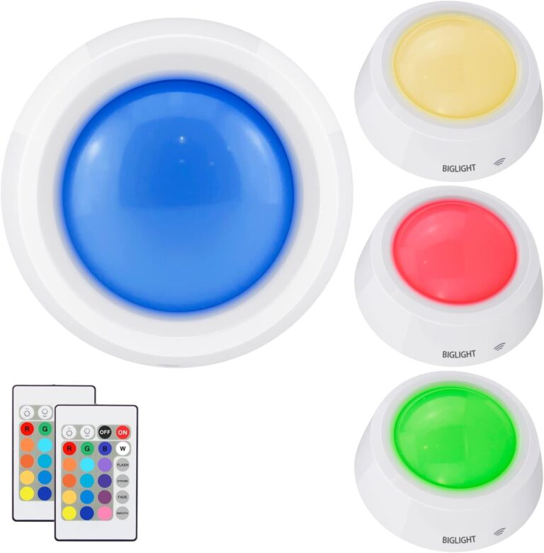 BIGLIGHT Battery Operated Closet Lights with RGB, Wireless Tap Light, LED Puck Lights, Remote Controlled Color Changing, Stick on Voice Level Lights for Classroom 4 Pack